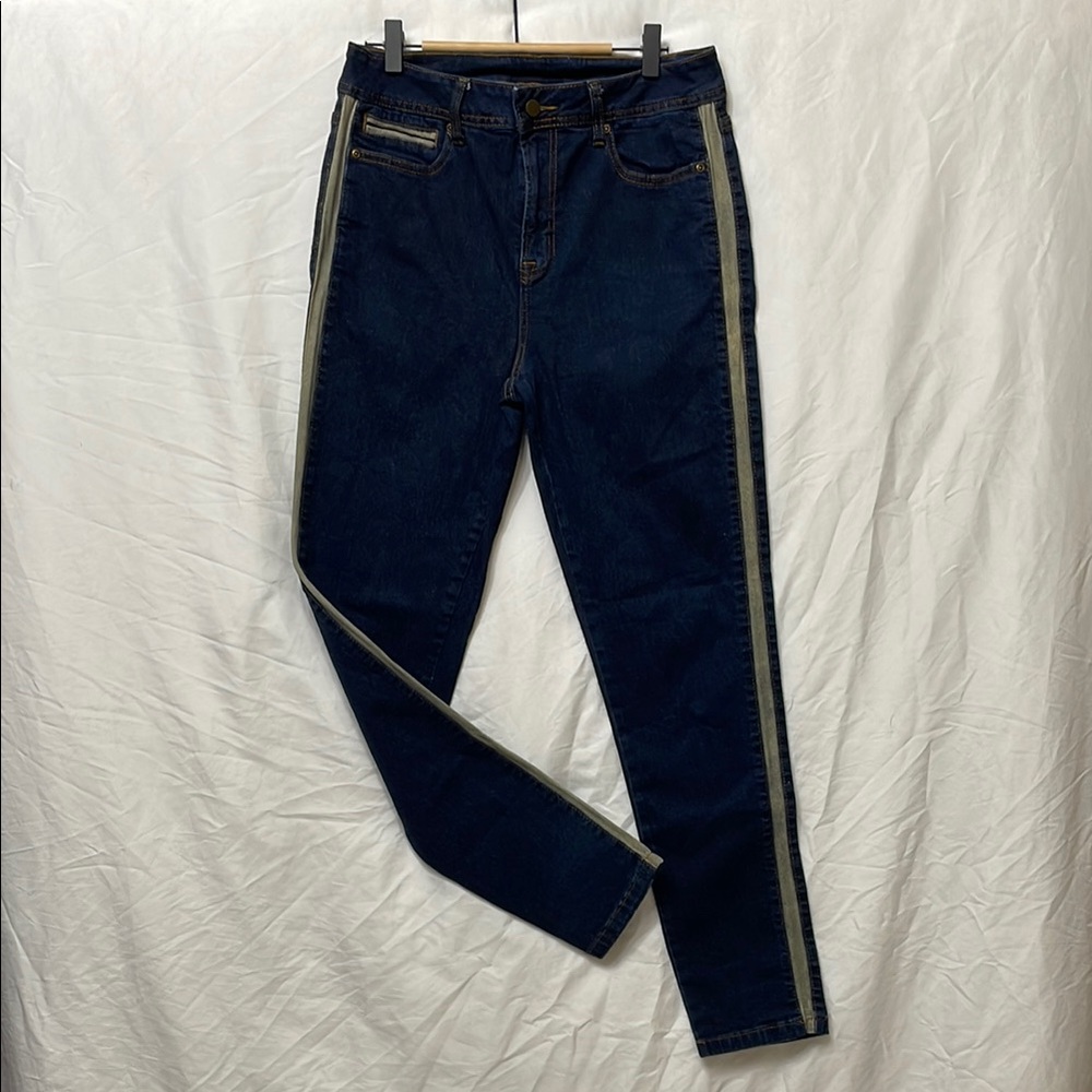 Soft Surroundings Racing Stripe Dark Indigo Blue & Tan Skinny Jeans, Excellent 8